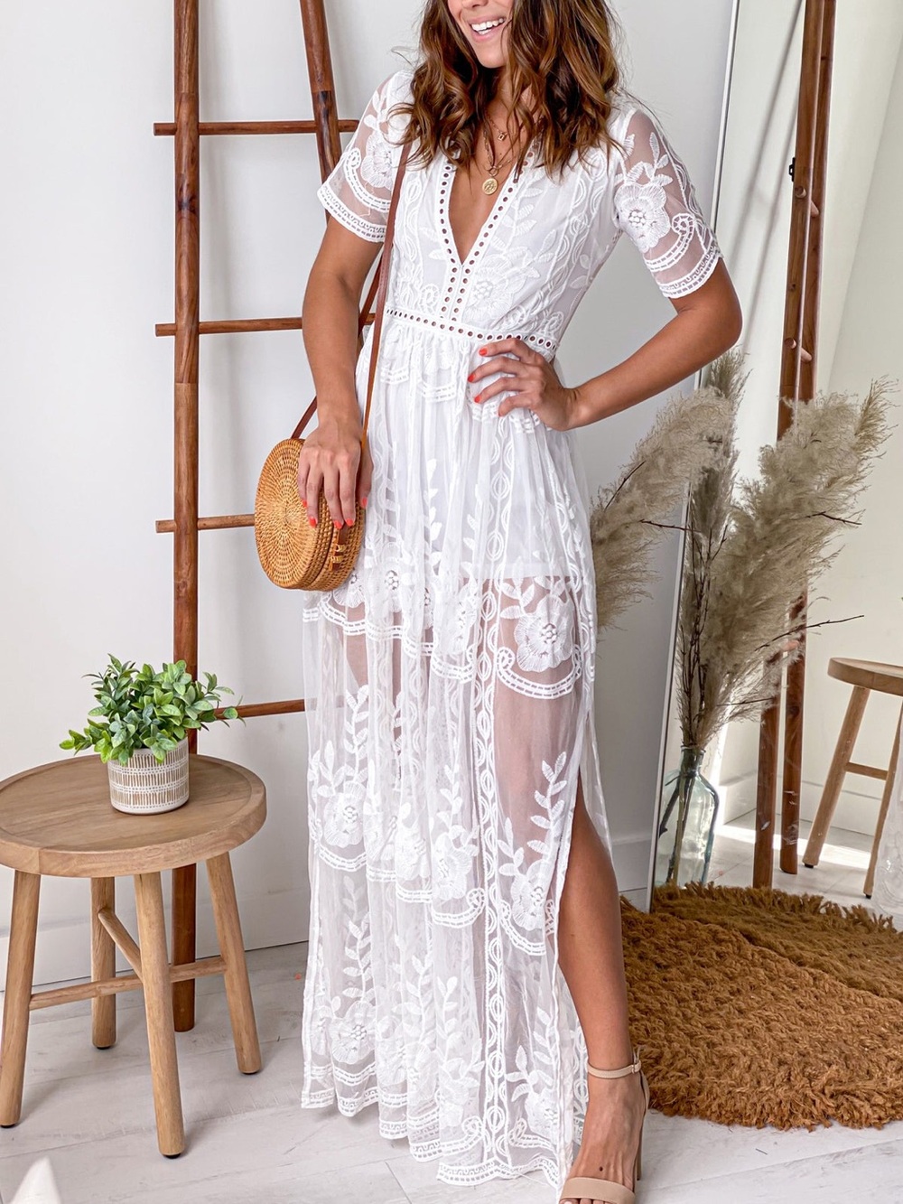 Showpo Cream Embroidered Lace Maxi Dress